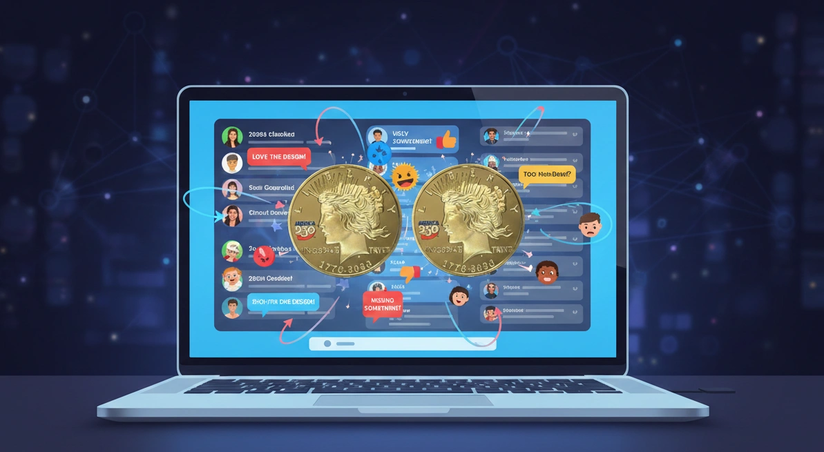 A social media storm scene on a laptop showing debates about the 2026 quarter design